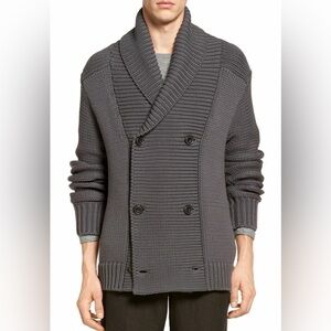 Vince Men’s Heavy Knit Shawl Collar Double‑Breasted Cardigan | Gray | Medium